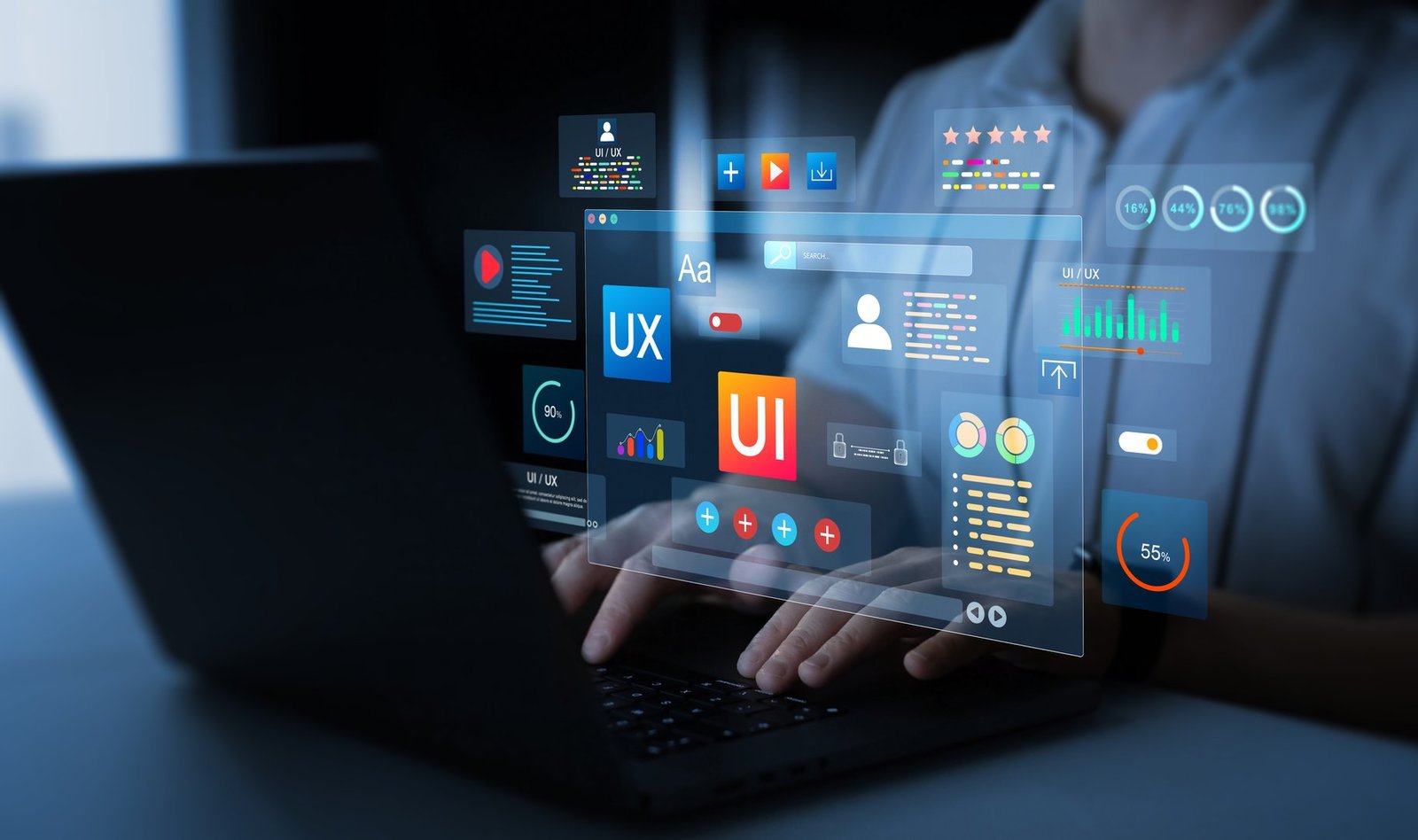 Holographic UI-UX, display icons of UX-UI designer, creative planning, data visualization. Web design, application design,coding develop.UX-UI design web and user design development.